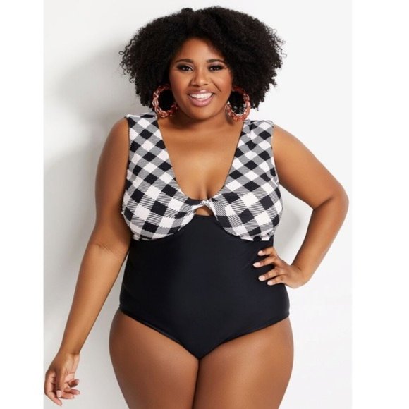 Raisins Curve Gaia Black & White Houndstooth Plaid Slimming Swimsuit New - Picture 1 of 10